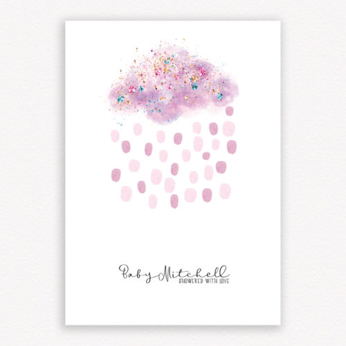 Showered with Love - Baby Girl, Baby Shower - Pink Cloud Fingerprint Guest Book