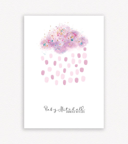 Showered with Love - Baby Girl, Baby Shower - Pink Cloud Fingerprint Guest Book